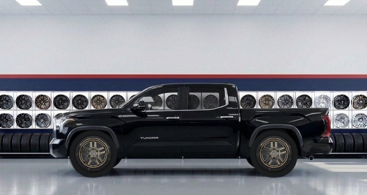 A black pickup with new bronze wheels